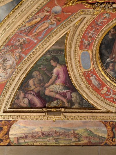 Allegoria di Arezzo; in basso, vista di Firenze da Giorgio Vasari